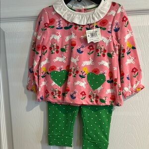 Pink Floral Bunny Top and Green Polka Dot Pants Set Baby Boden